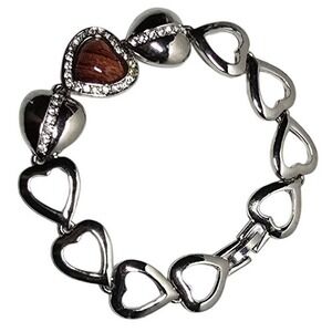 Silver Tone Heart Link Bracelet Brown Stone Rhinestone Accents 7.5 Inch Romantic